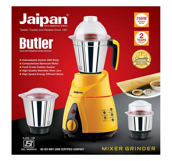 Jaipan JBU-05 850-Watts Buttler Mixer Grinder (Yellow/Black) - Image 3