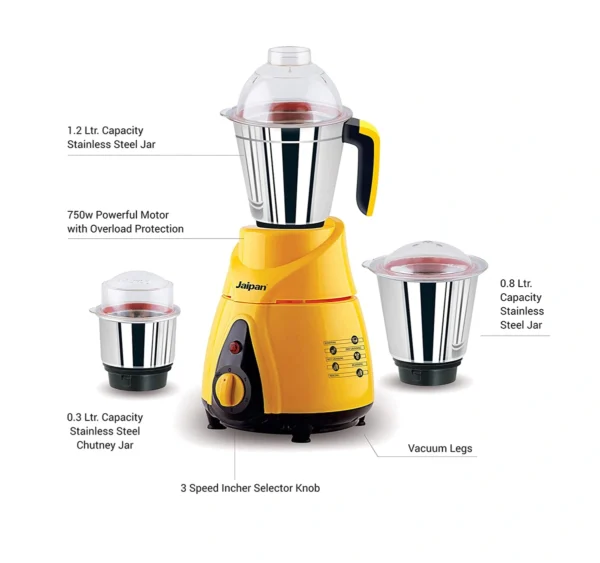 Jaipan JBU-05 850-Watts Buttler Mixer Grinder (Yellow/Black) - Image 4