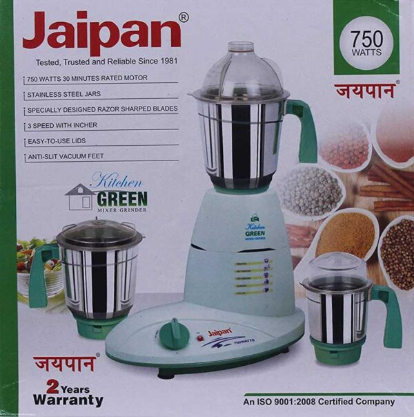 Jaipan JP_KKMG 750-Watt Kitchen Green Mixer Grinder with 3 Stainless Steel Jars - Image 4