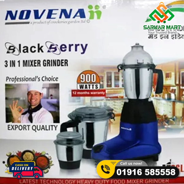 Novena 3 In 1 Mixer Grinder and Blender 900W - Black and Blue