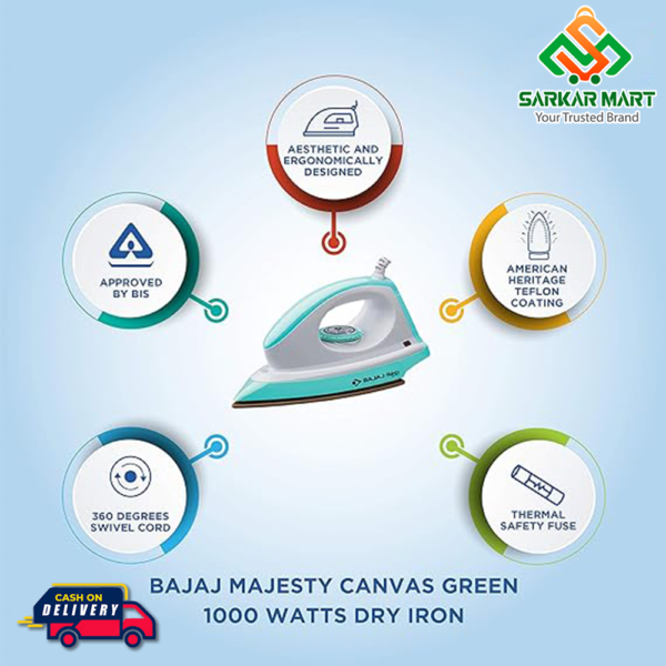 Bajaj Majesty Canvas Green1000 Watts Dry Iron - Image 3