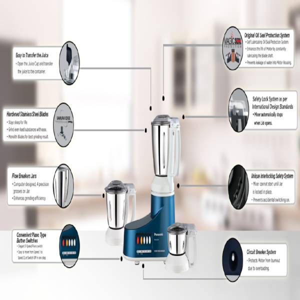 Panasonic MX-AC380-3 Jars Blue Mixer Grinder - Image 2